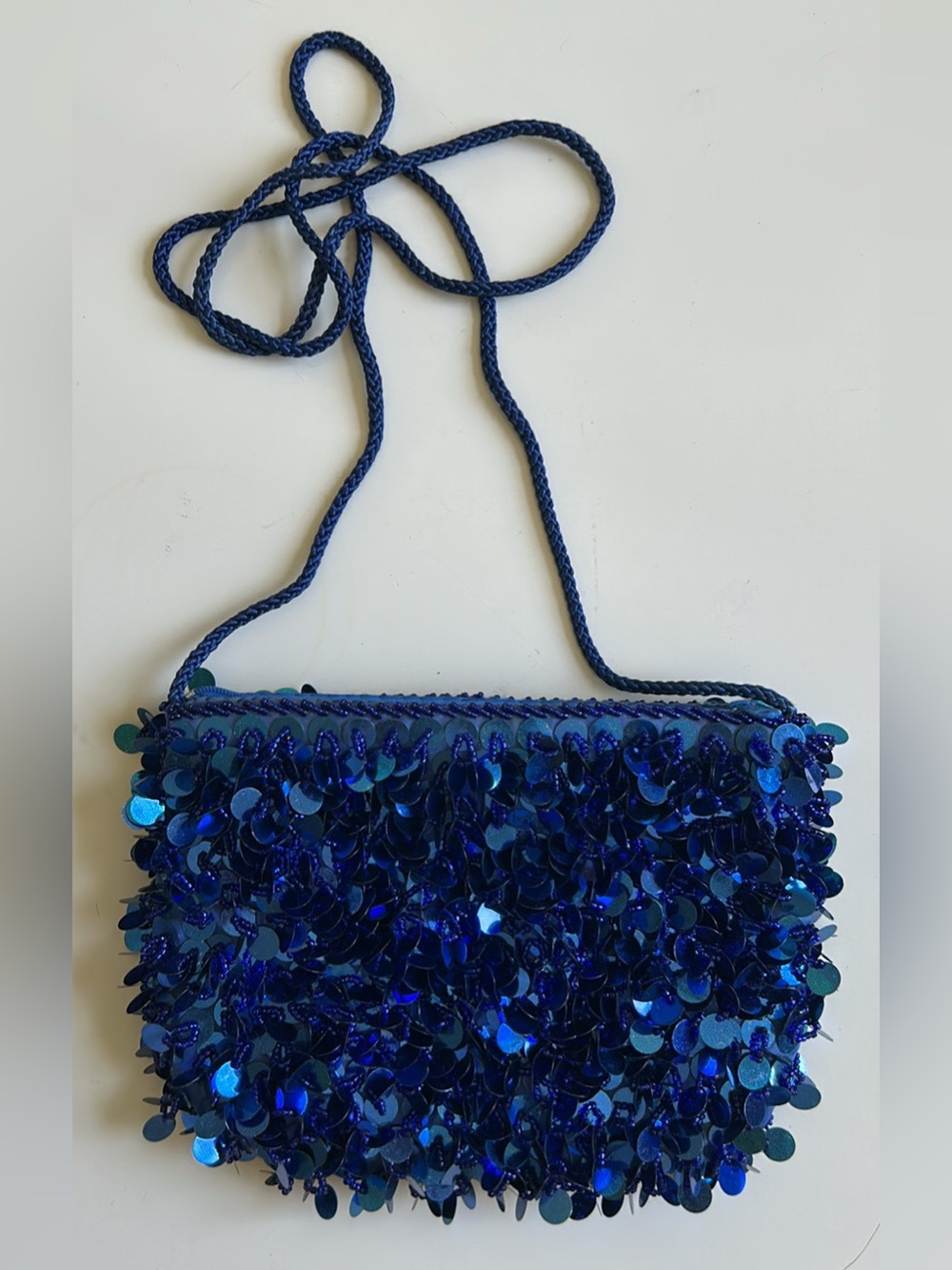 Blue Sequin Evening Clutch with Braided Strap